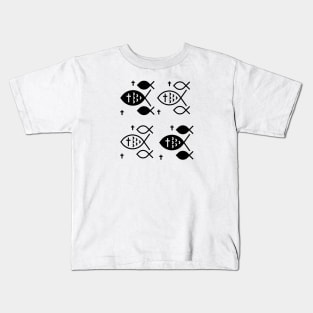 Black and white Christian Ichthys fish cross symbol (White background/ black text) Kids T-Shirt